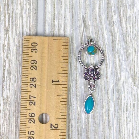 Womens Silver Tone & Turqouise Stone Dangle Wire Earrings Blue 1.5" Tall - Picture 5 of 5